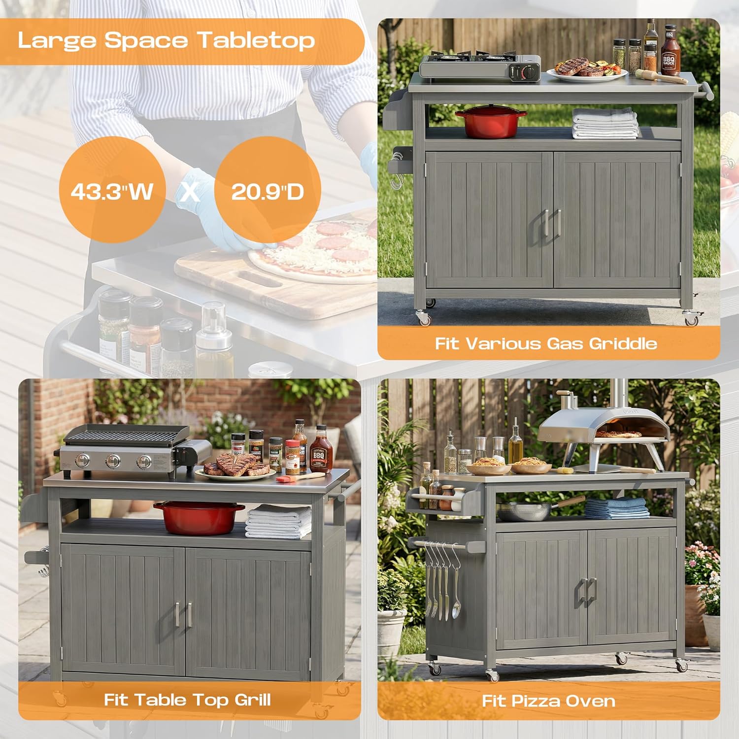 FUQARHY 43.3-Inch Solid Wood Outdoor Kitchen Island with Storage Cabinet, Grill Table with Stainless Steel Top, Outdoor Cooking Prep Station with Lockable Wheels for Backyard, Patio, Party (Gray)