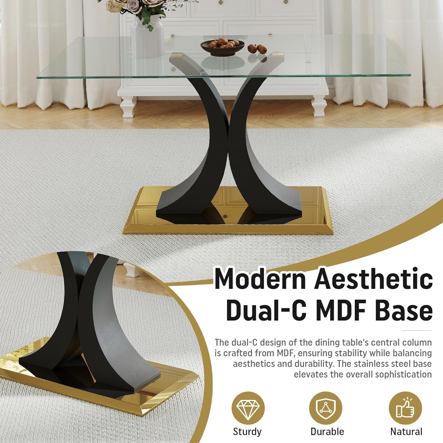 Modern Luxury Glass Dining Table for 4-6, 63'' Clear Tempered Glass Top Dinette Table, Minimalism Large Apartment Rectangle Kitchen Table with Black MDF & Gold Stainless Steel Base