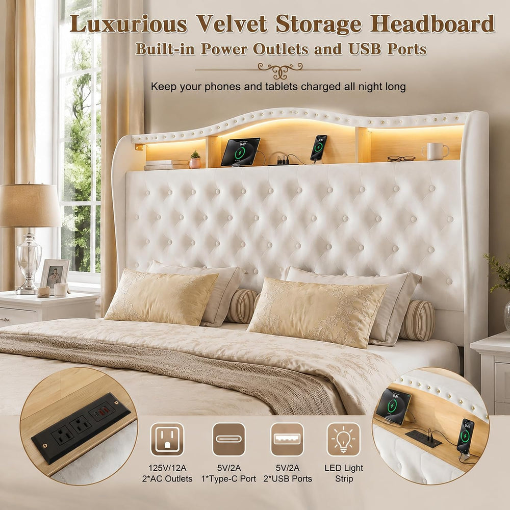King Size Bed Frame with 51.2" Tall Lighted Storage Headboard and Chargi...