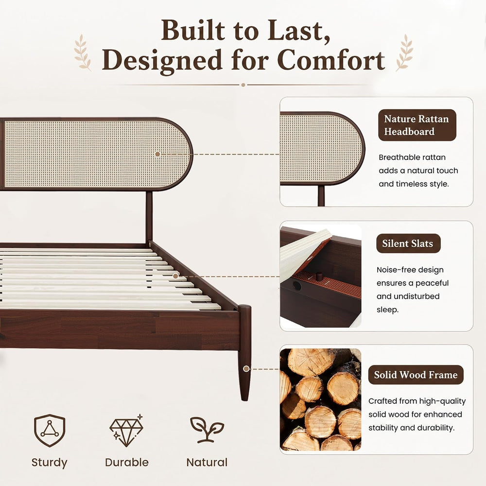 Queen Size Solid Wood Bed Frame, Rattan Boho Headboard, Dark Walnut