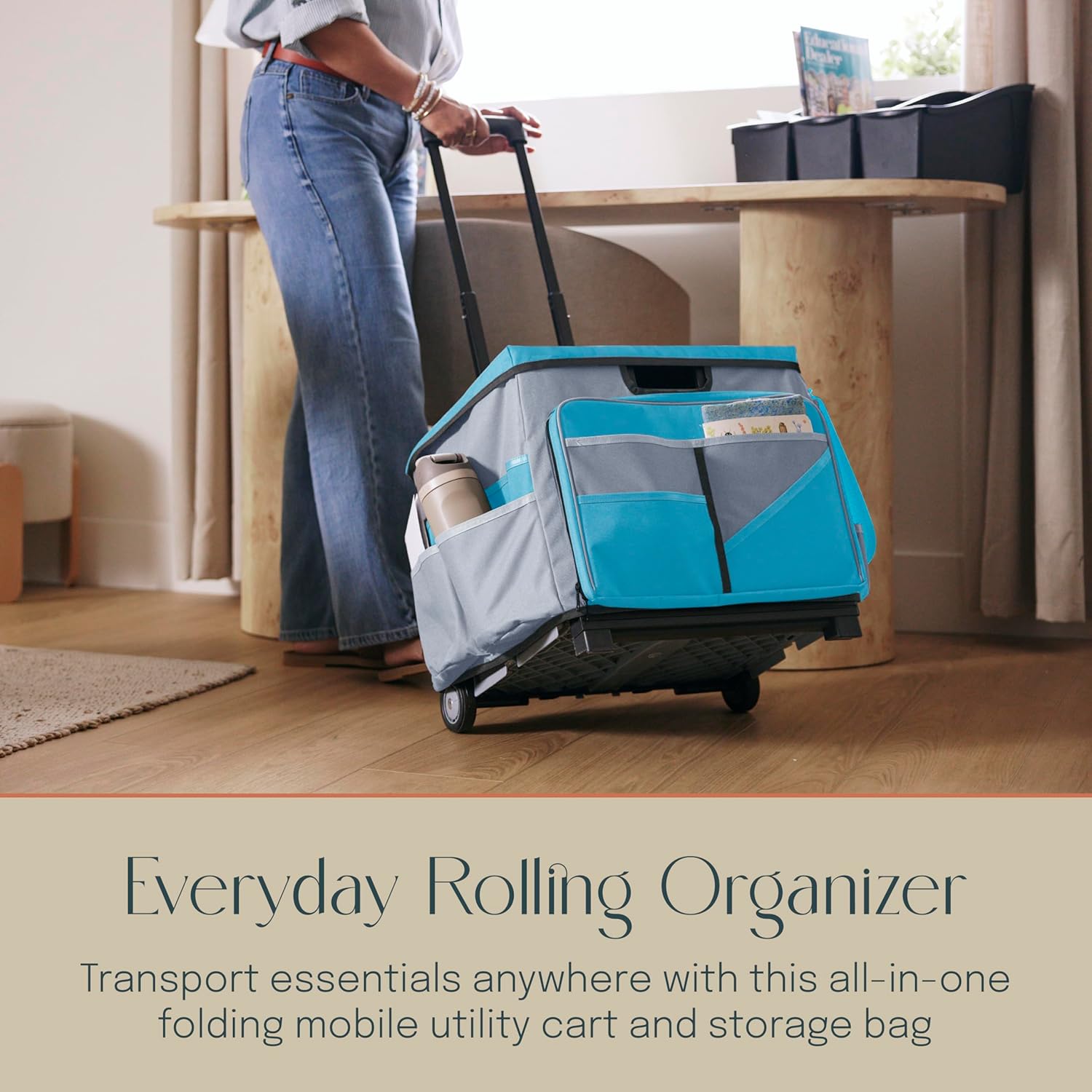 Mobile Utility Cart with Storage Organizer Bag, Rolling Cart, Turquoise/Grey