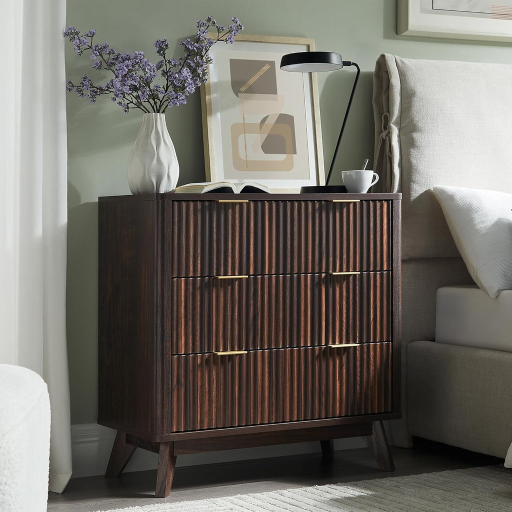 T4TREAM Fluted 3 Drawers Nightstand Set of 2, Oversized Extra Large Modern Side Table, End Table Bedside for Bedroom, Living Room, Curved Profile Design, Dark Walnut