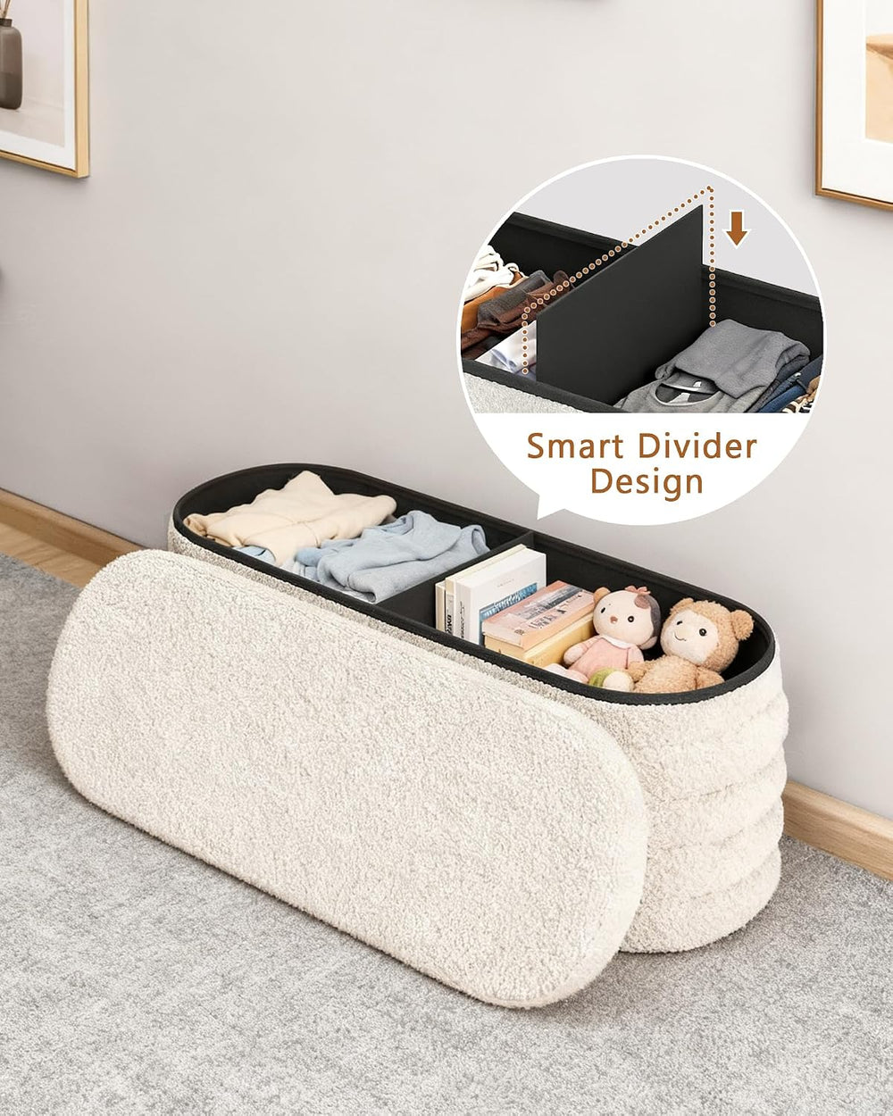 GLAXYFUR Storage Ottoman Bench, 43" Entryway Shoe Seat, Sherpa White | U...