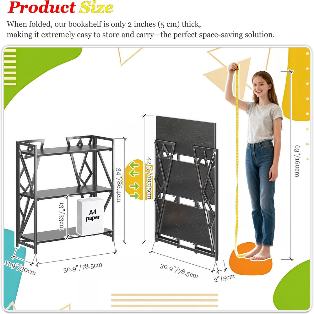 UDD No Assembly Wide Folding Bookshelf, 34" H x 30.9" W, 3 Tier Fol...