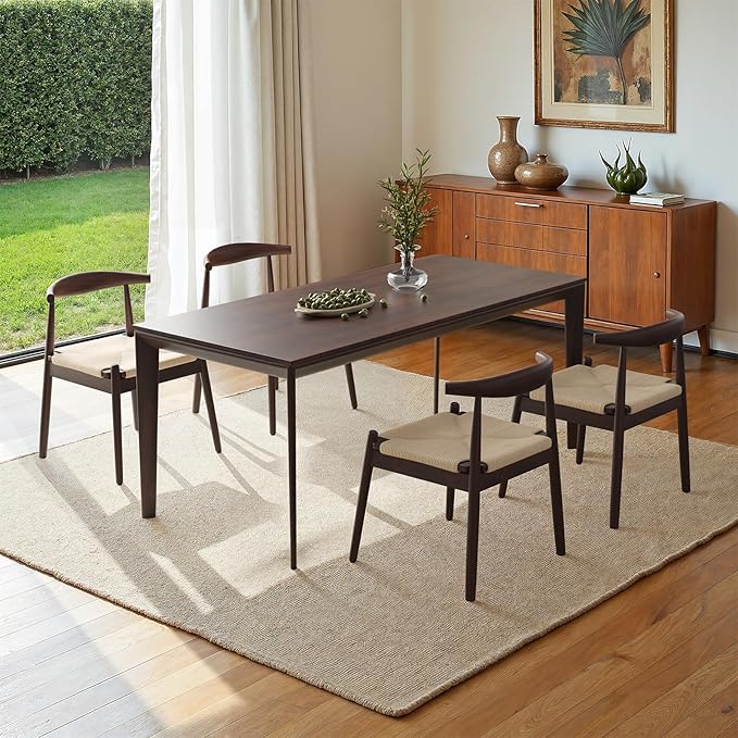 Farini Mid Century Modern Dining Chairs Set of 4, Solid Wood Frame Kitchen Chairs with Woven Upholstered Seat for Dining Room & Breakfast Nook,Latte-Beige