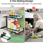 Pull out Cabinet Organizer, 2 Tier Under Sink Organizer, Slide out Metal Kitchen Cabinet Organizers Drawer Shelf, Sliding Storage Shelves for Kitchen Bathroom Pantry Cabinet Closet Organization Rack
