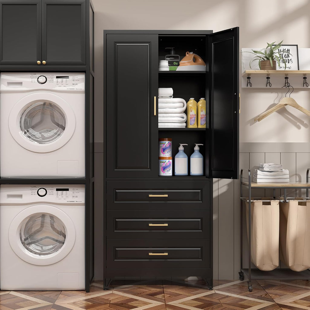SteeLoong 75" Kitchen Pantry Cabinet with 3 Drawers,Metal Storage Cabinets with Doors and 2 Adjustable Shelves,Black Kitchen Cabinet with 2 Gold Handles,Food Cupboard for Livingroom, Bathroom,Pantry