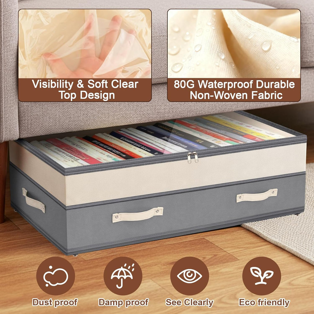 Dolicer 4 Pack Under Bed Storage with Wheels, 6in-10in Height Adjustable Underbed Storage Containers, 92L XXXL Under Bed Drawers Rolling Bin with Clear Lids for Dorm Shoes Clothes Organizers(Grey)