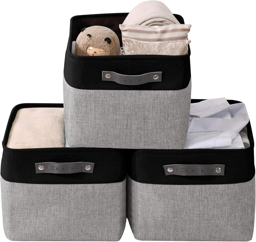 DECOMOMO Storage Baskets for Shelves - Fabric Storage Bins, Linen Closet Organizers and Storage (Grey & Black, XL - 3 Pack)