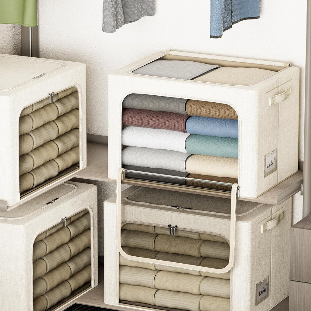 4 Pack Clothes Storage Bins with Metal Frame - 100L Stackable Storage Box with Lid，Foldable Storage Container Organizer for Clothes，Linen Fabric Storage Box with Clear Window＆Zippers＆Handles