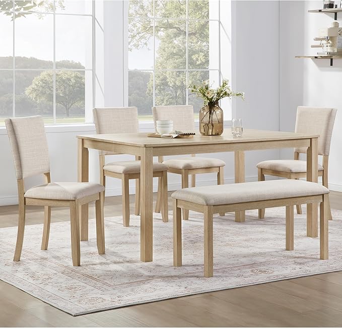KEIKI 6-Piece Standard Height Dining Table Set with Rectangular Table, 4 Upholstered Chair, Bench, for 6 Person, Modern Style Wooden Table Set, Easy Assembly, for Kitchen, Dining Room, Light Oak