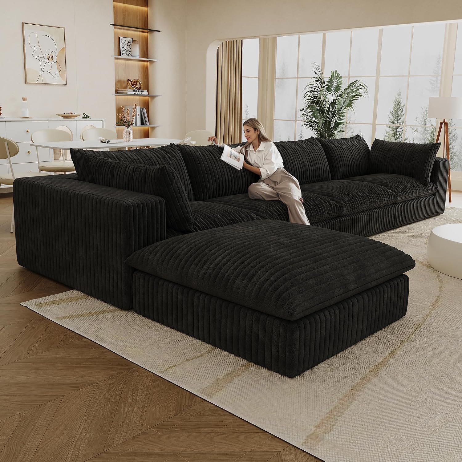 157.6" Oversized L Shaped Modular Boneless Sofa with Ottoman, Cloud Sectional Couches for Living Room, Deep Seat Corduroy Upholstered Couch Furniture Set, No Assembly Required (4 Seater+1 Ottoman)