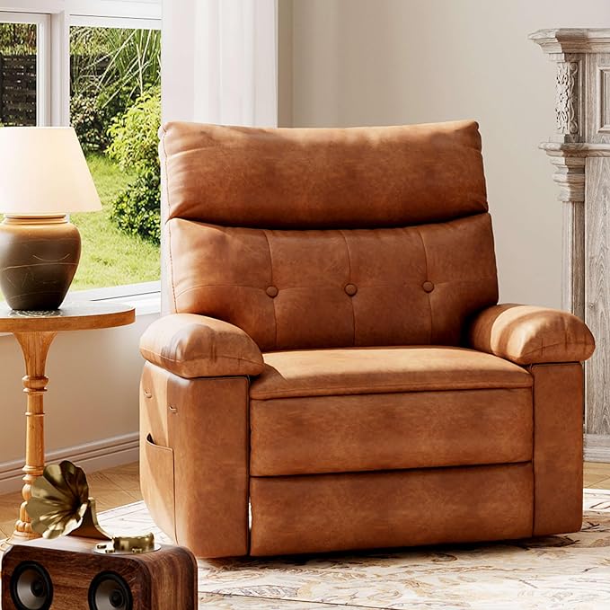 GarveeHome Oversized Wide Recliner Chair - Heat and Massage, PU Leather Extra Wide Manual Recliner for Adults, Large Lazy Chair with 1.5X Sponge Comfort Arm and Back for Living Room, Bedroom