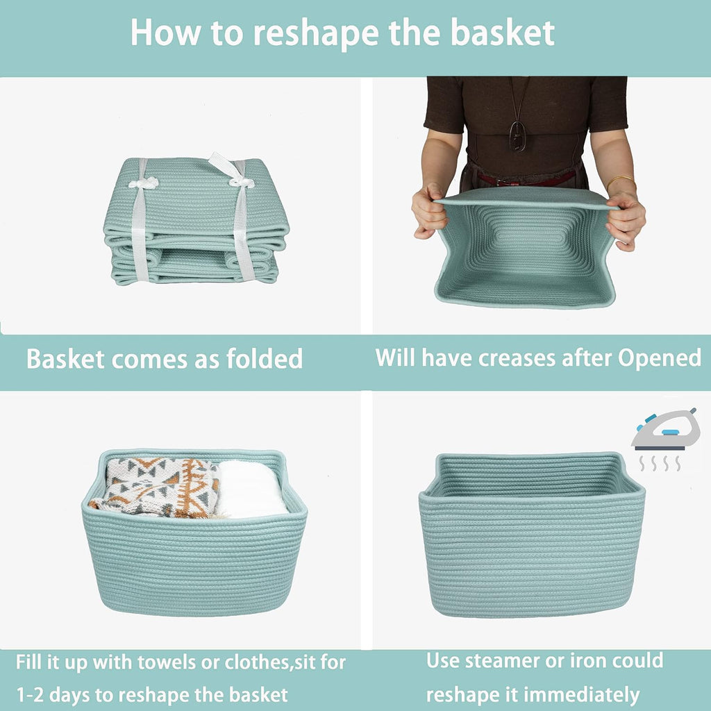 XUANGUO Woven Cotton Rope Storage Baskets 15x10x9.3" 3 Pack Green | Decorative rectangular storage baskets for shelves and closets; storage bins organize clothes, toys, books and nursery items.