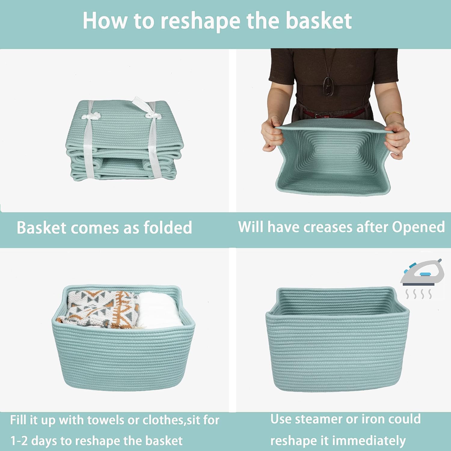XUANGUO Woven Cotton Rope Storage Baskets 15x10x9.3" 3 Pack Green | Decorative rectangular storage baskets for shelves and closets; storage bins organize clothes, toys, books and nursery items.