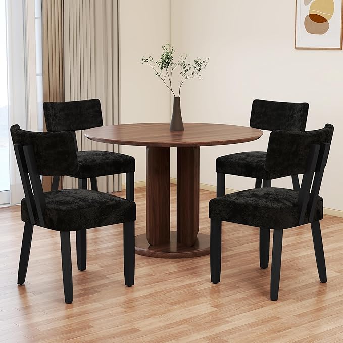 GOTMINSI Mid Century Modern Dining Chairs,Velvet Farmhouse Upholstered Kitchen Chairs, Accent Curved Backrest Dining Room Chairs with Hardwood Legs (Black, 4PCS)