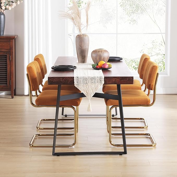 ONEVOG Orange Velvet Dining Chairs Set of 4, Upholstered Kitchen Dining Room Chairs, Comfy Chair with Gold Metal Legs, Cantilevered Design Chair for Bedroom, Living Room