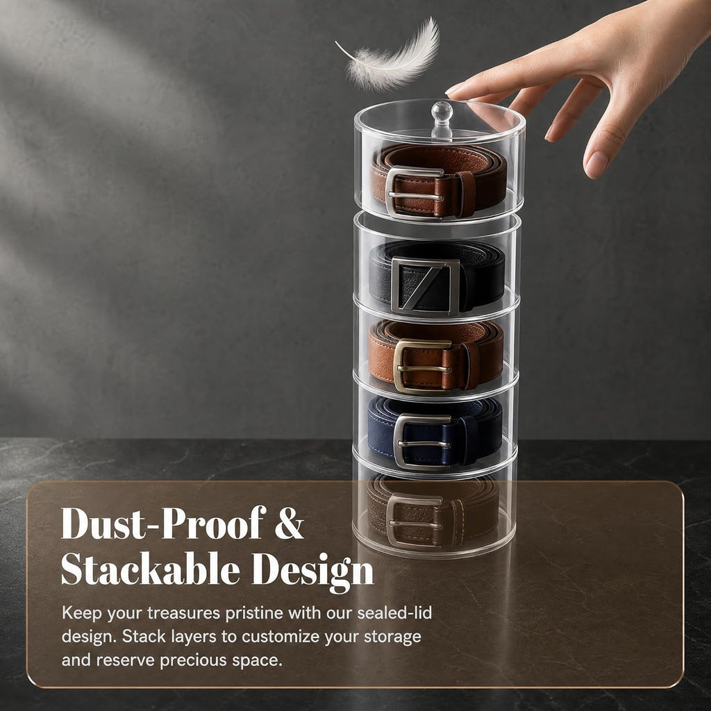ZENFUN 5 Layers Acrylic Belt Organizer, Stackable Belt Storage Box Clear Display Case Vanity Organizer for Watch, Hair Accessories, Jewelry, Closet and Drawer, 2.6" H x 5.5" Dia