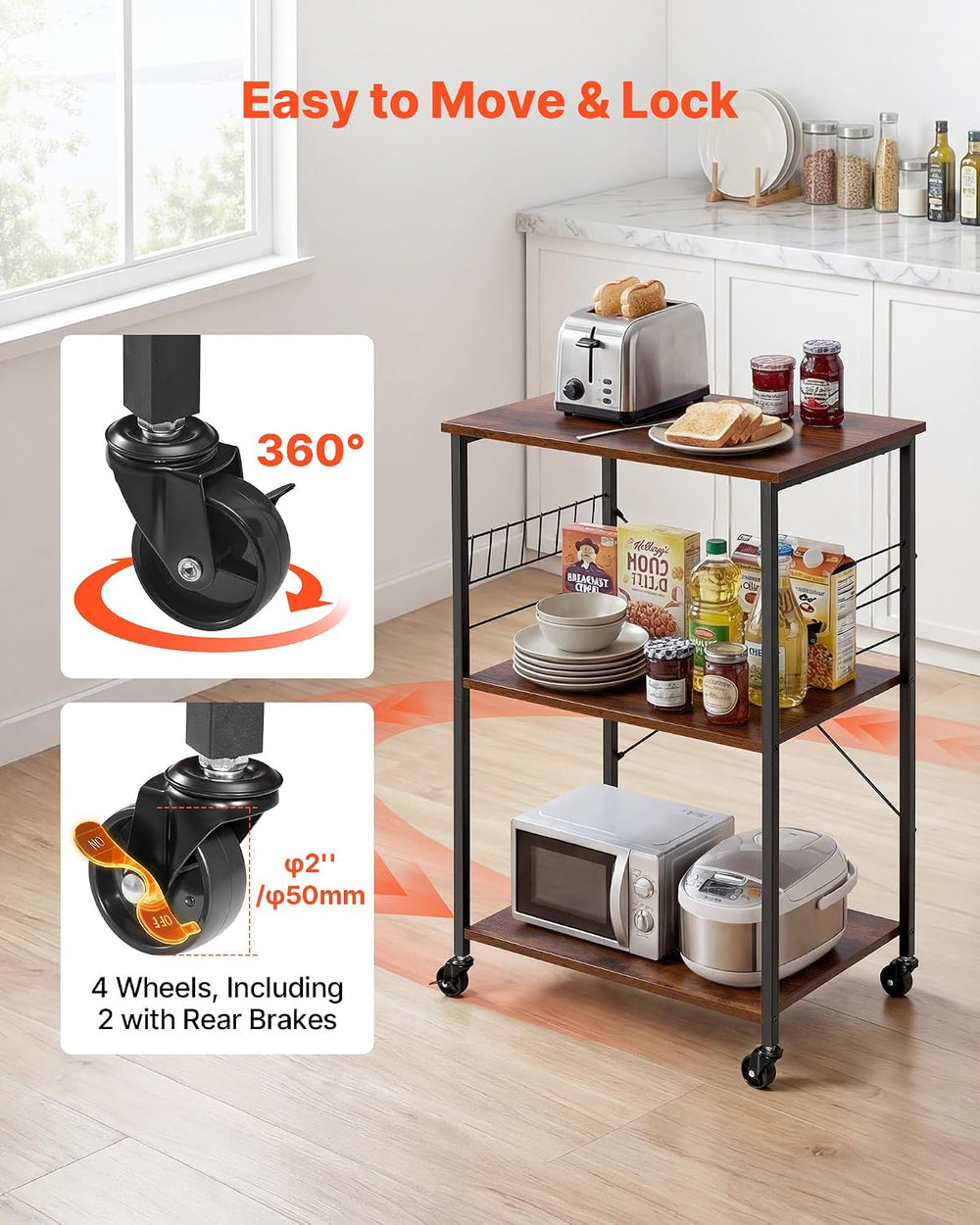 VEVOR 3-Tier Rolling Kitchen Cart, 23.7 in Microwave Stand with Storage, Util...