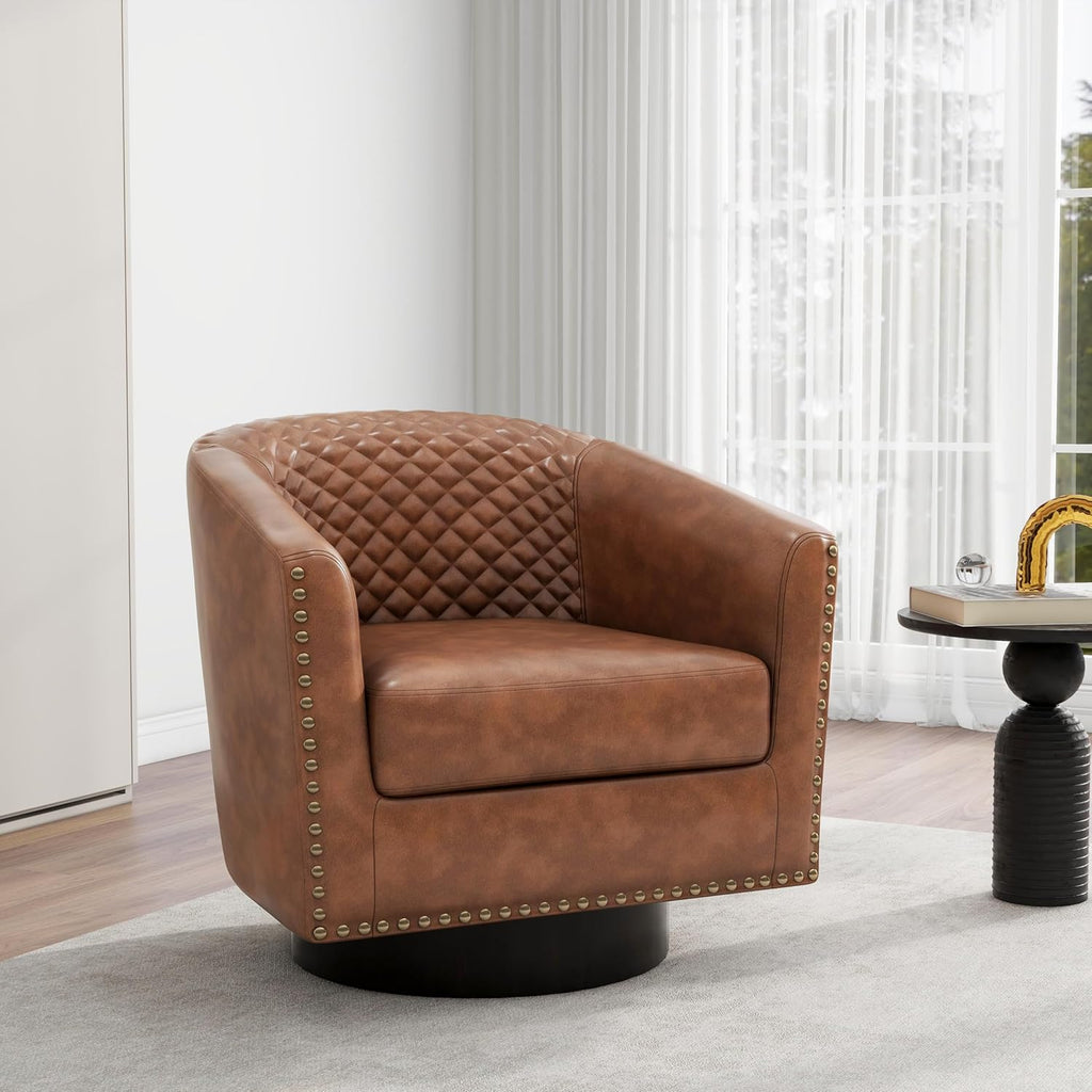 Swivel Barrel Accent Chair Set of 2, Comfy Modern Upholstered Round Faux Leather Arm Chair for Living Room, Bedroom, Brown