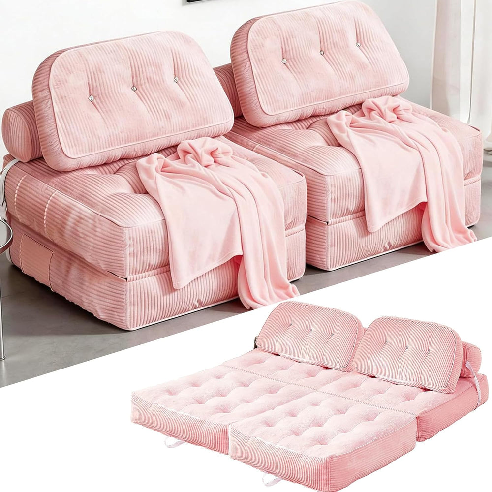 Folding Sofa Bed, Flannel Futon Couch Bed with Pillow and Blanket, Convertibl...