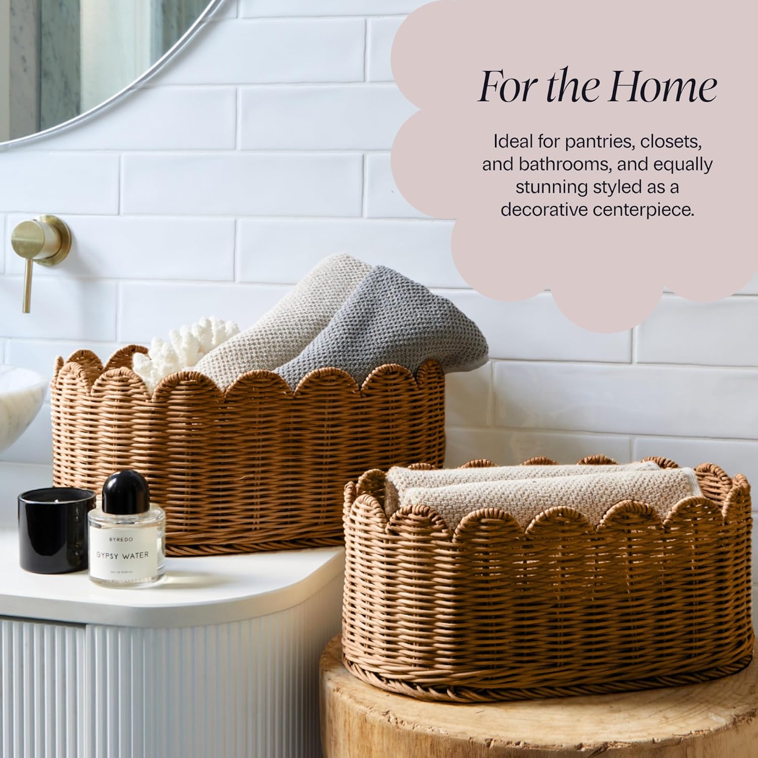 BEBE BASK Premium Scalloped Basket Set of 2 (16x10x7 In) - Storage Baskets | Handwoven Rattan, Scallop Basket, Wicker Basket With Scalloped Edge, Nursery Storage, Set of 2, Mocca