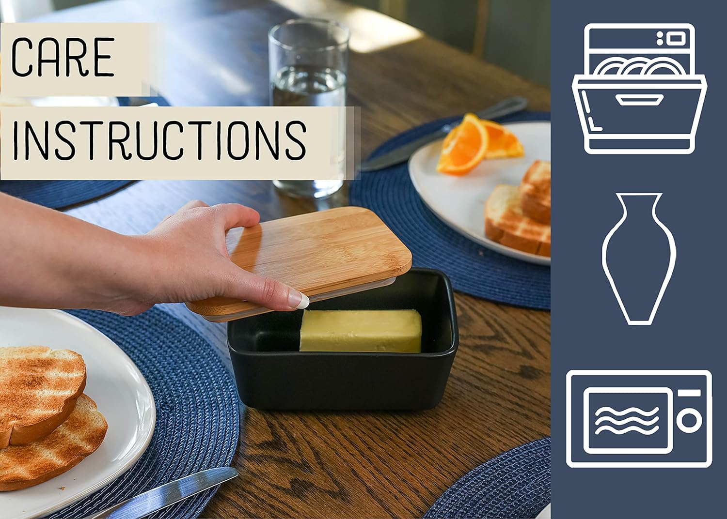 Nat & Jules Ceramic Stoneware 1/2 Pound, 2 Sticks Butter Dish with Airtight Bamboo Lid, Kitchen Accessory, Container Holder, Refrigerator Storage and Countertop Organization, Matte Black