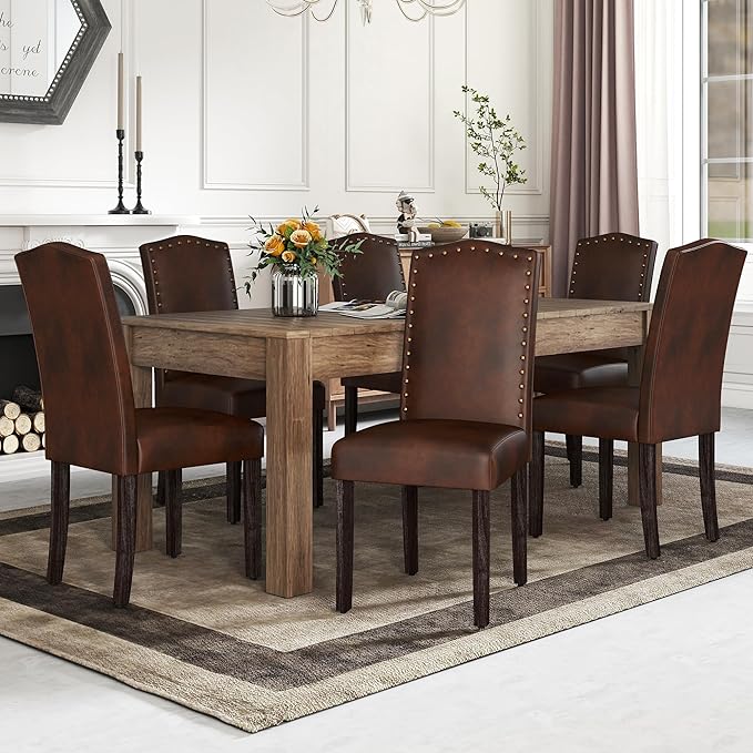 LSSBOUGHT PU Dining Chair Upholstered Parsons Kitchen Chair with Copper Nails and Solid Wood Legs for Dining Room,Restaurant (Dark Brown, 4PCS)