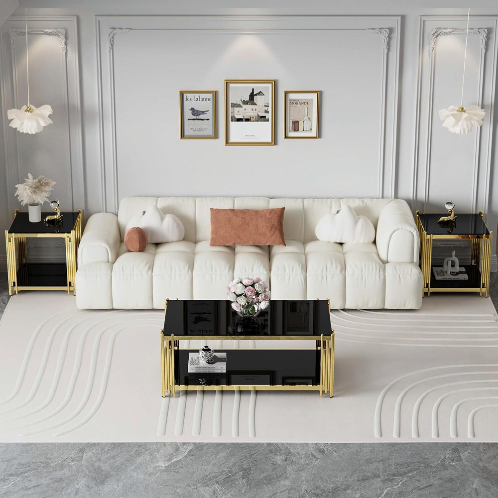 Glass Coffee Table Set of 3, End Table Modern Living Room Table Rectangle Cle...