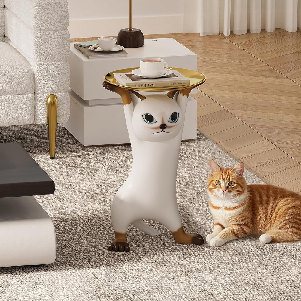 homary Cat Side Table with Gold Tray – Resin Animal Figurine End Table, Small...