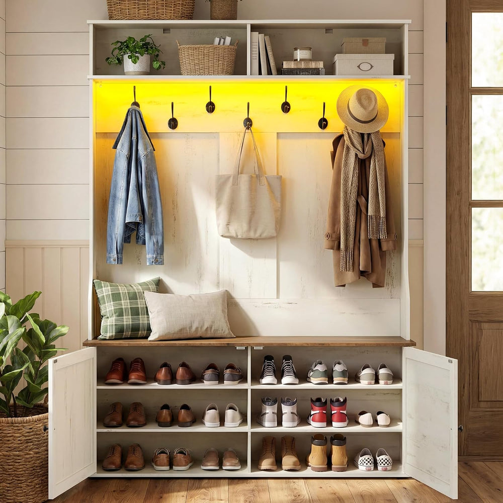 VASAGLE 5-in-1 Hall Tree with Bench and Shoe Storage, Adjustable LED Light