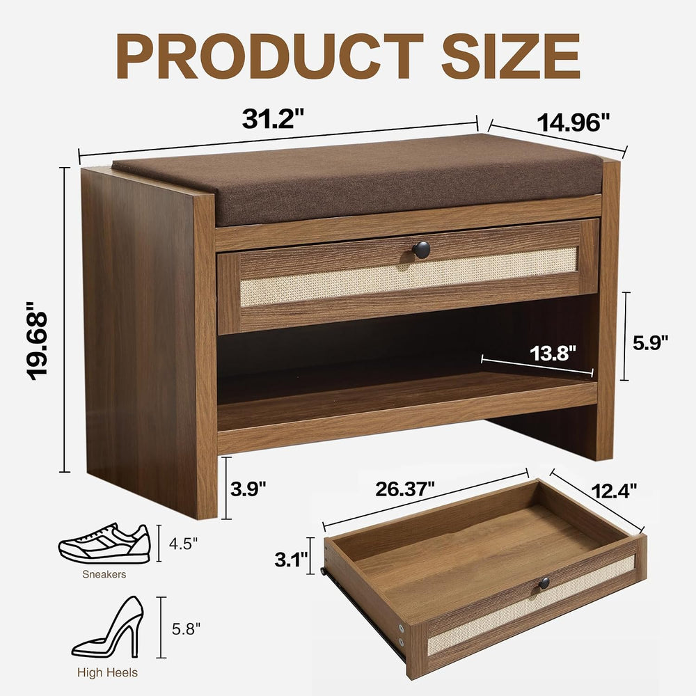 VipDesk Rattan Shoe Bench with Storage Drawer and Cushion Seat, Walnut Wood E...