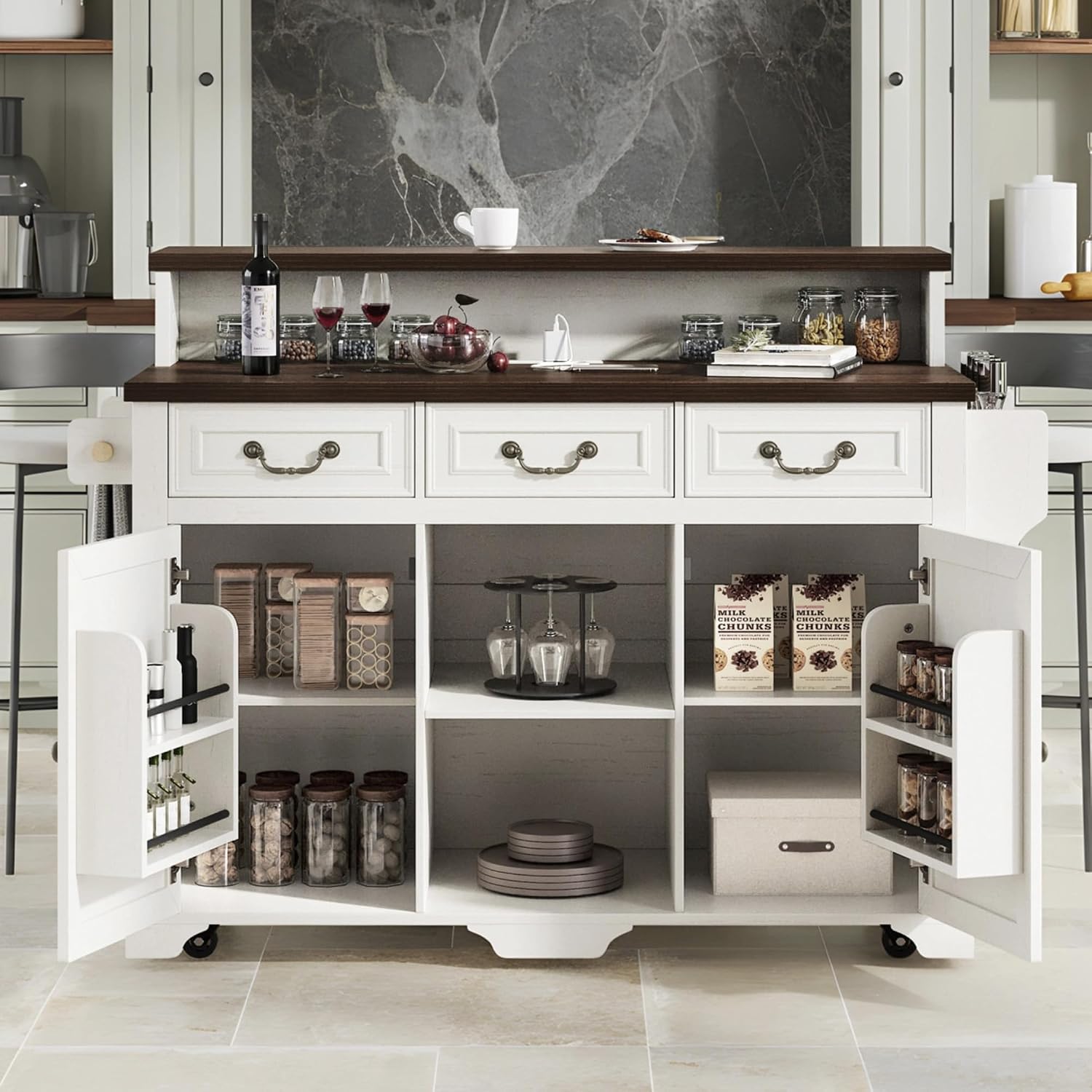 53.2" Two-Tier Kitchen Island with Power Outlet, Rustic White | Rolling Bar Cabinet with Storage, 4 Door Shelves, Adjustable Shelves, 3 Drawers for Kitchen