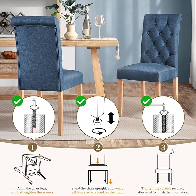 Yaheetech Dining Chairs Set of 2 Fabric Upholstered Dining Room Chairs with Button Tufted High Back and Solid Wood Legs for Kitchen/Living Room/Restaurant, Modern Style, Blue