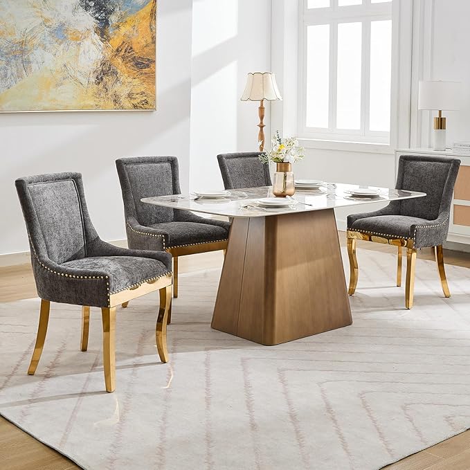 Dining Chairs Set of 4, Kitchen & Dining Room Chairs, Chenille Fabric Upholstered Dinning Chairs, Sillas De Comedor, Nailhead Trim, Metal Legs (Grey, 4 Pcs)