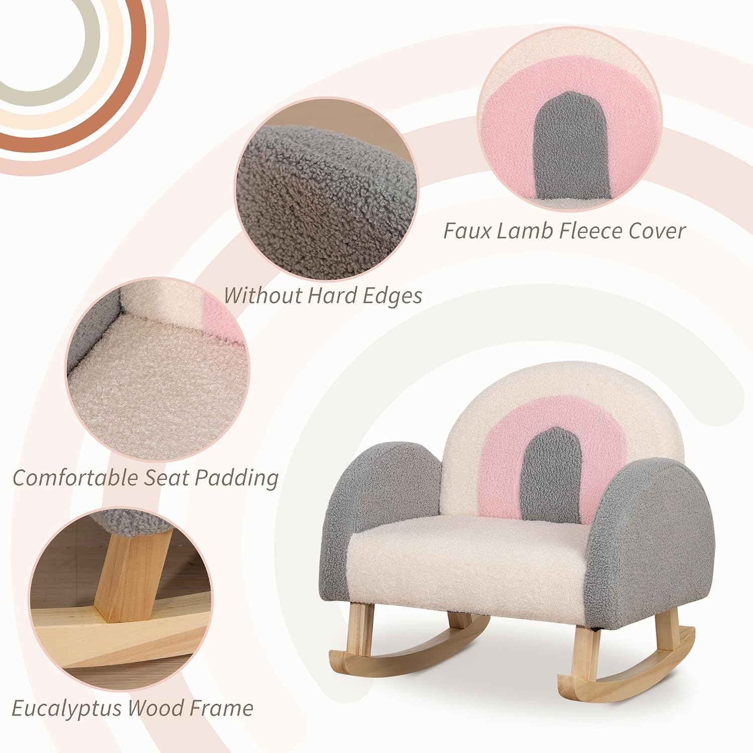 Qaba Kids Sofa Toddler Rocking Chair Solid Wooden Frame 18-36 Months Gray | Faux Lamb Fleece Fabric, Kids Arm Chair, Nursery Or Playroom