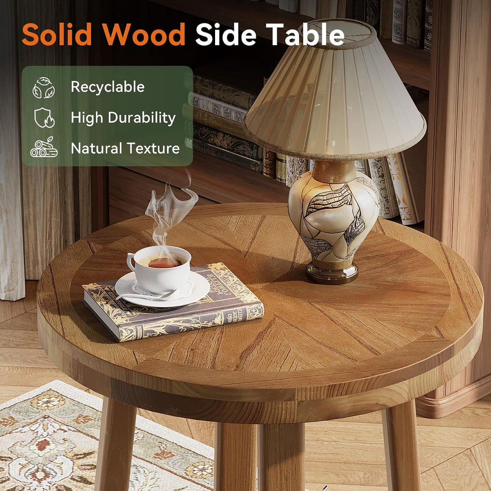 Solid Wood Side Table for Living Room, Small Round End Table with 2-Tier Stor...