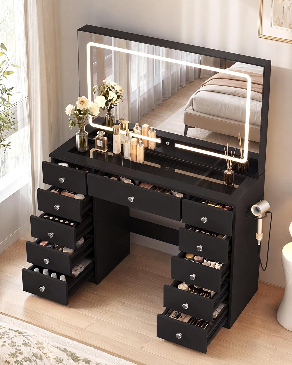 Otterease Black Makeup Vanity with Mirror and Lights,11 Drawers & Glass T...