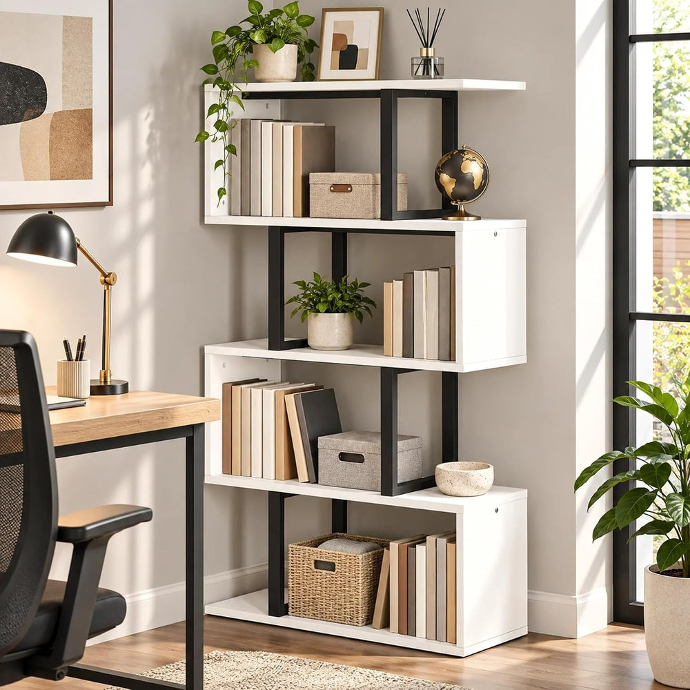 YITAHOME 5-Tier S-Shaped Bookcase, Modern Display Shelf, Cream White