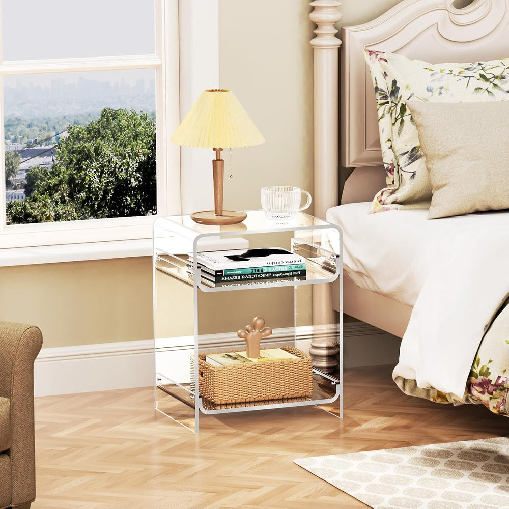 Acrylic End Table Record Player Table with Storage Shelf Clear Side Table Nig...