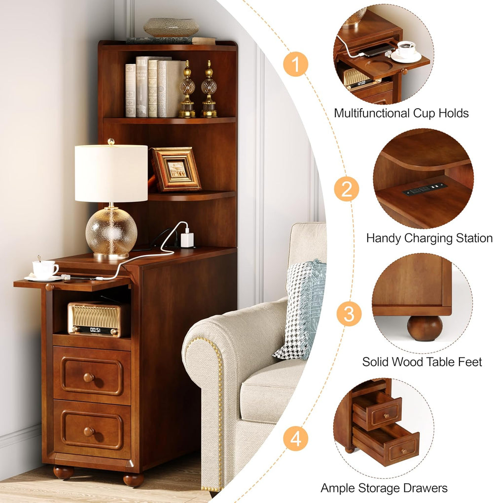 Solid Wood End Table with Charging Station and Reversible Corner Shelves, Tal...