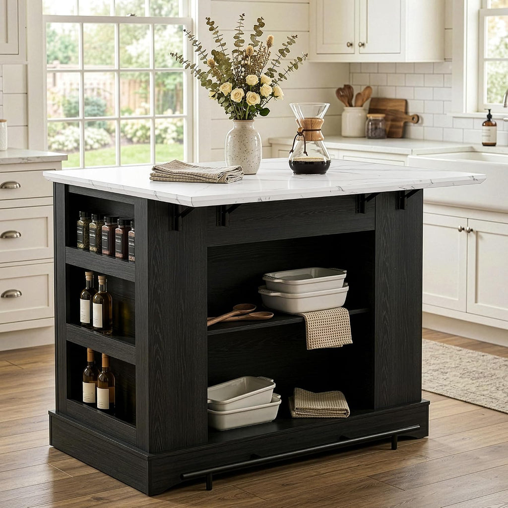 40“ L Black Kitchen Island with A 14.5” W Folding Faux Marble Tabletop, Wooden Kitchen Island with Power Outlet, Storage Cabinet & Drawer and Open Adjustable Shelving