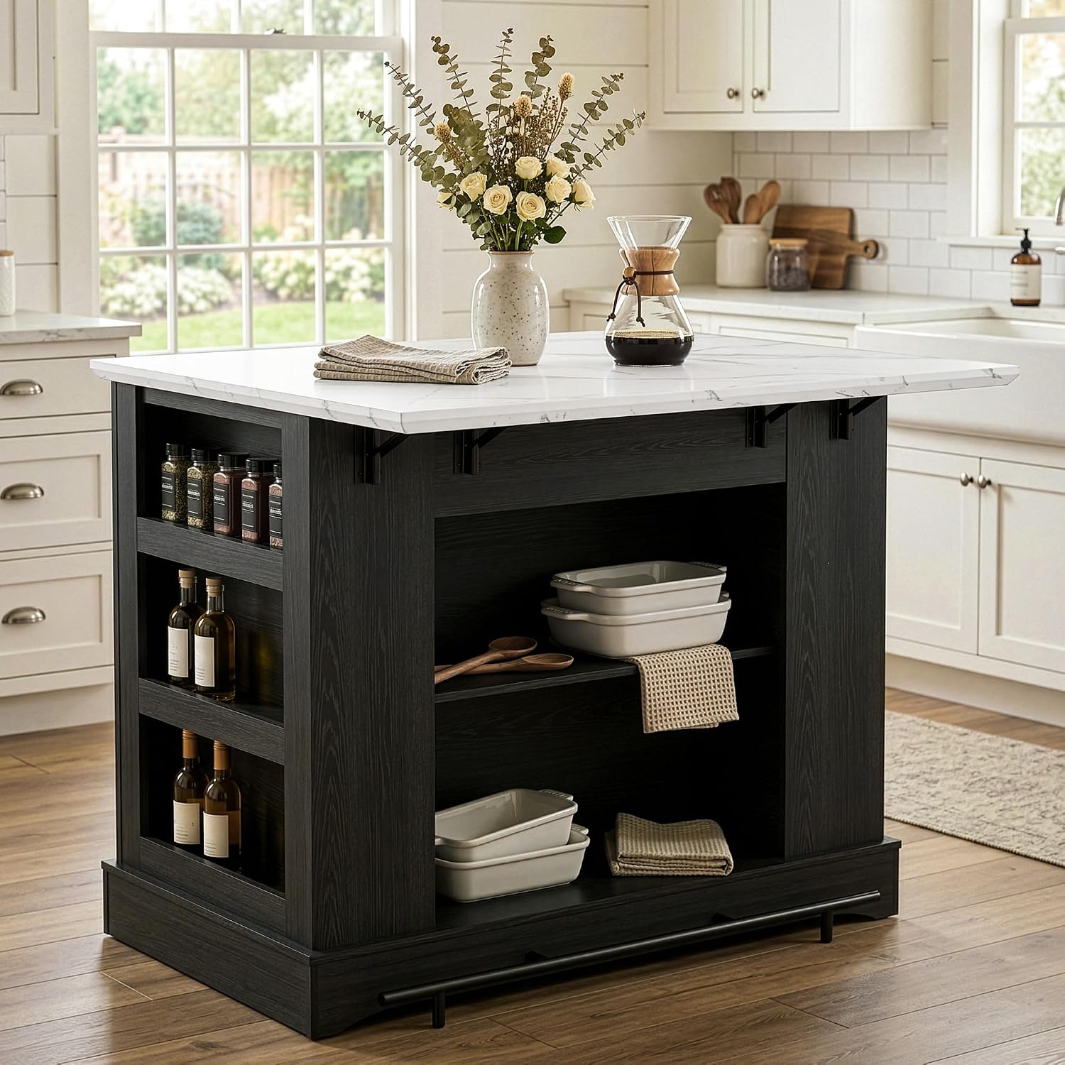 40“ L Black Kitchen Island with A 14.5” W Folding Faux Marble Tabletop, Wooden Kitchen Island with Power Outlet, Storage Cabinet & Drawer and Open Adjustable Shelving