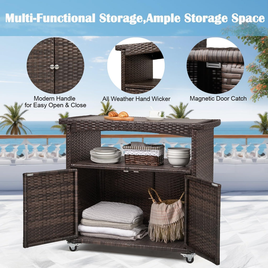 Outdoor Bar Cart with Storage Cabinet Patio Wicker Sideboard Buffet Cabinet Prep Table Outside Kitchen Serving Cart with Rolling Wheels & Handle Rattan Portable Bar Table with Shelves Doors Brown