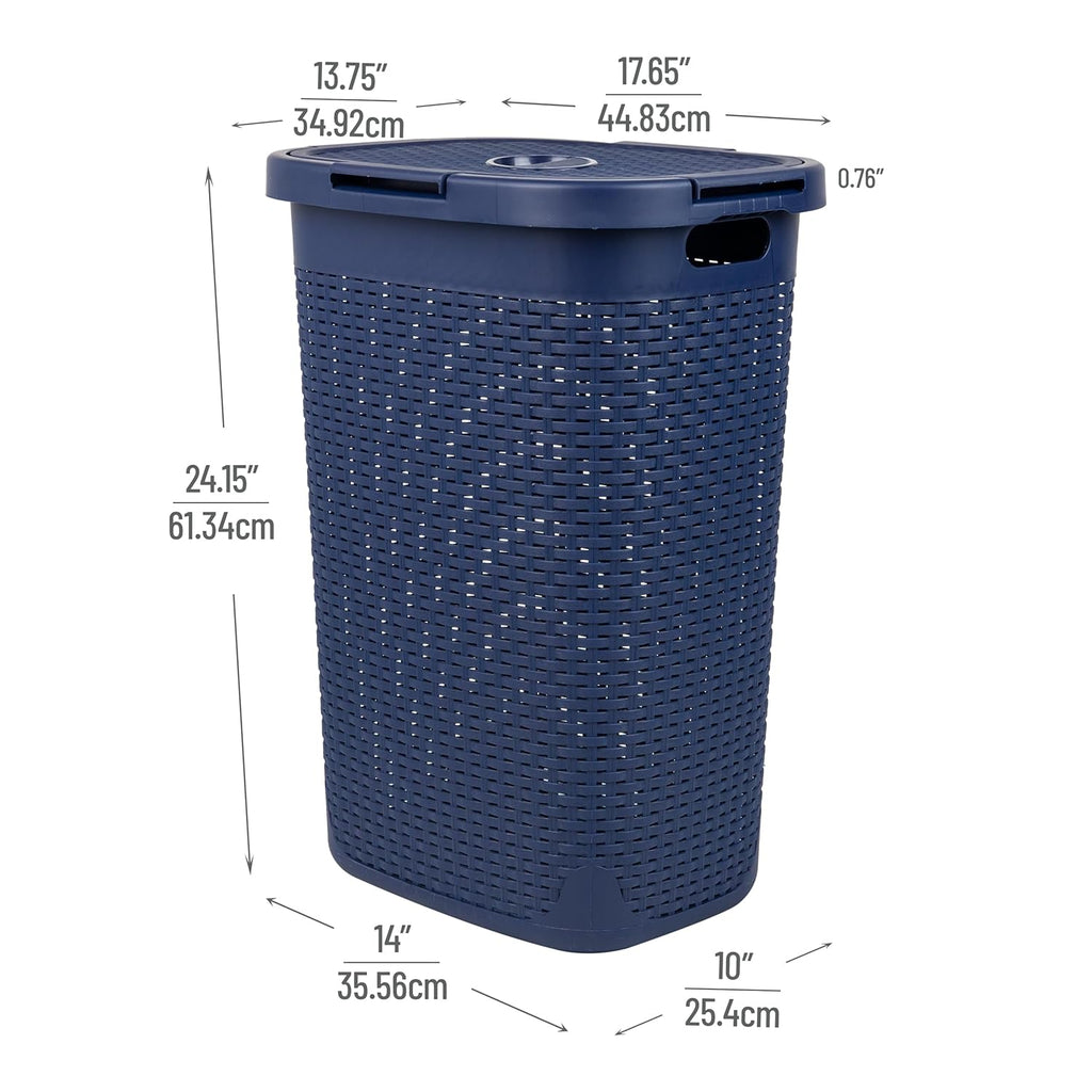 Mind Reader Slim Laundry Hamper with Lid, 60L Clothes Basket, Premium Wicker Design, Plastic, Navy