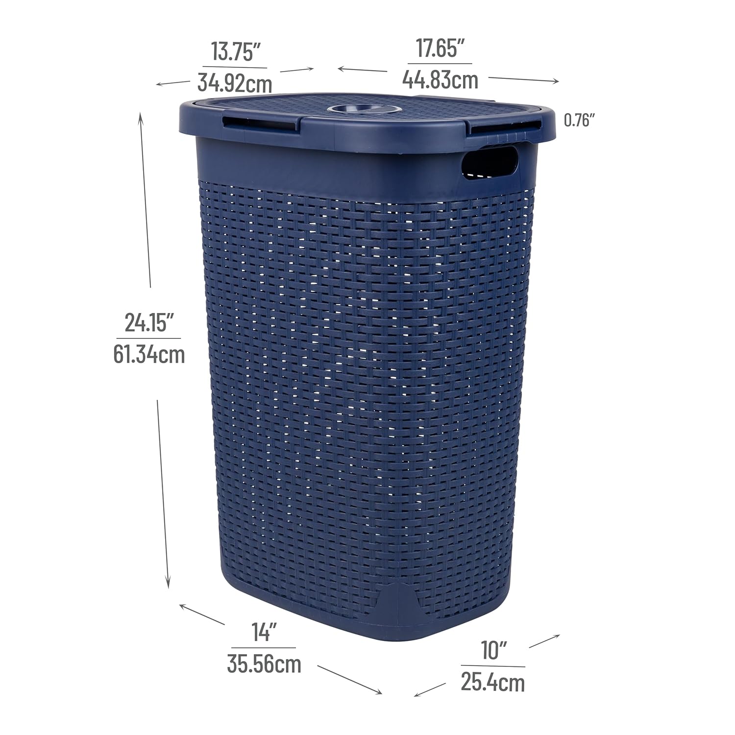 Mind Reader Slim Laundry Hamper with Lid, 60L Clothes Basket, Premium Wicker Design, Plastic, Navy