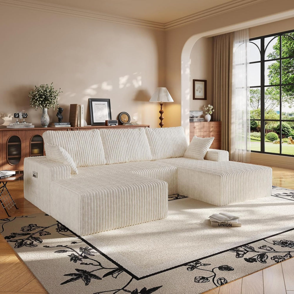 108" U-Shape Modular Sectional Cloud Cream Couch with Ottoman, Deep Seat...