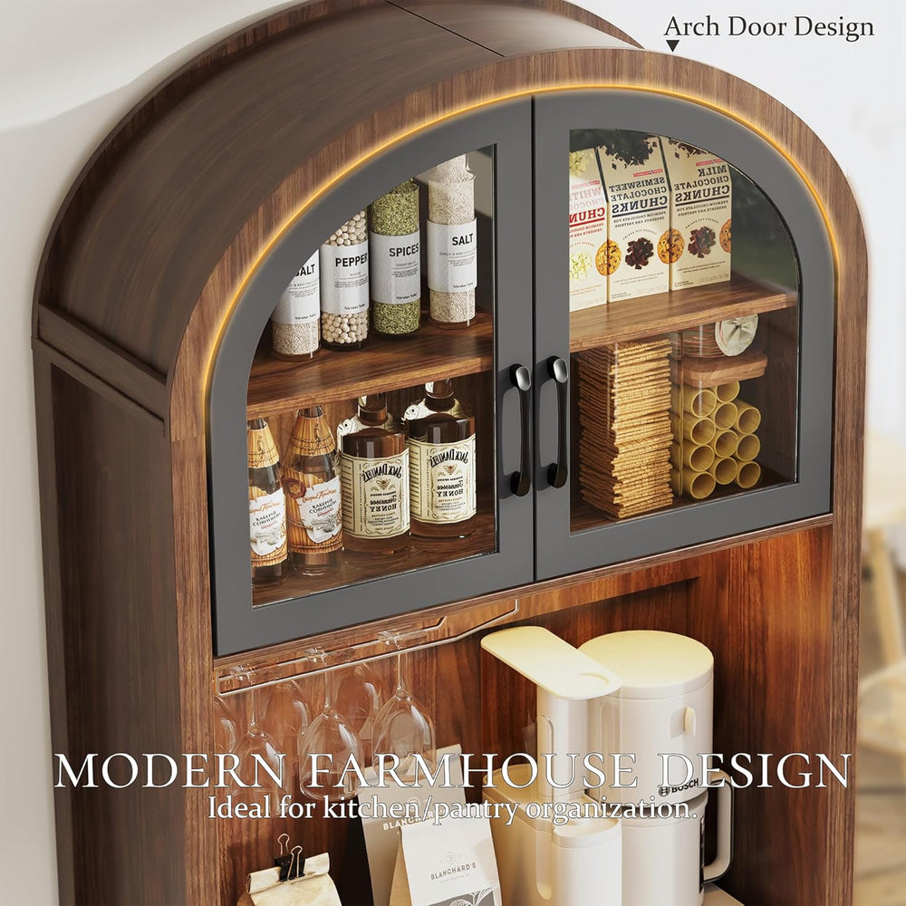 75" Tall Arched Pantry Cabinet with Charging Station & LED Light, Ki...