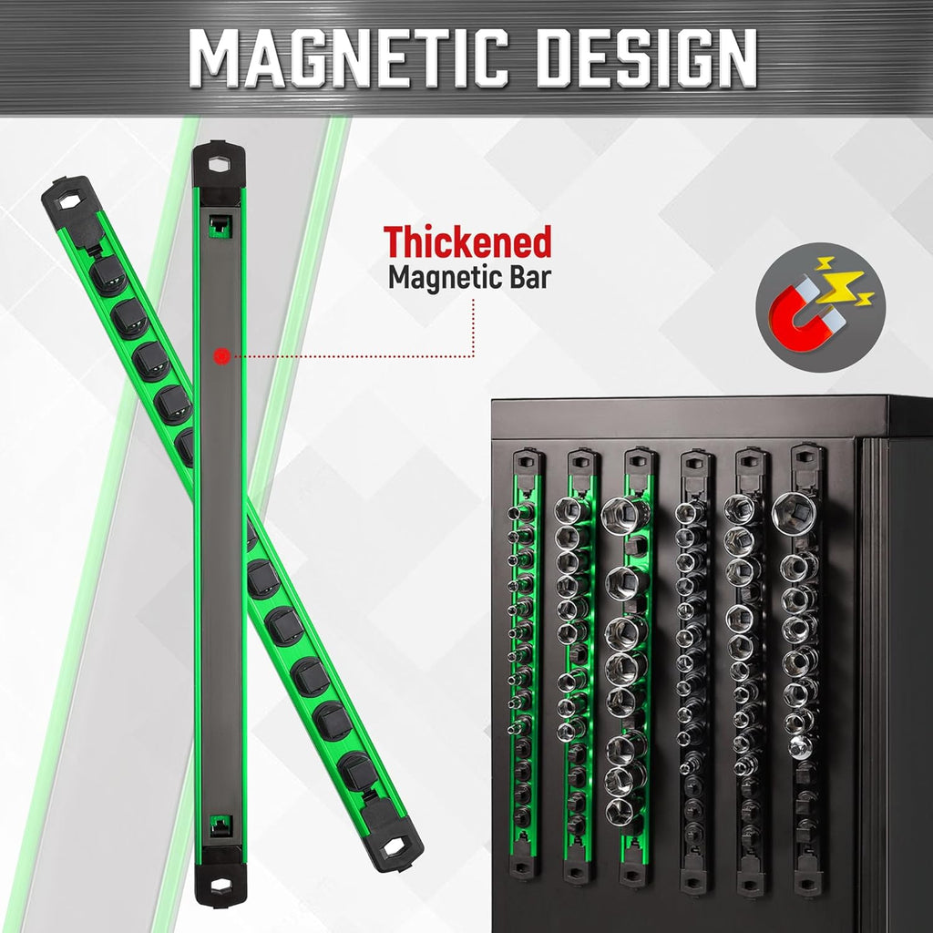 ALOANES 3-Piece Magnetic Socket Organizer, Heavy Duty Aluminum Socket Rails Organizer, 360° Swivel Clips Socket Holder Kit for Tool Box, 1/2-Inch Socket Holder x 36 Clips (Green)