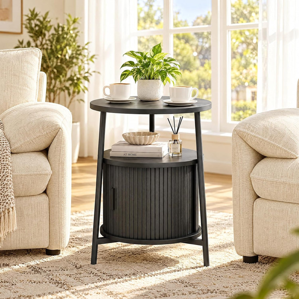 ONBRILL Round Fluted Side Table with Storage, Nightstand, 2 Sets Black